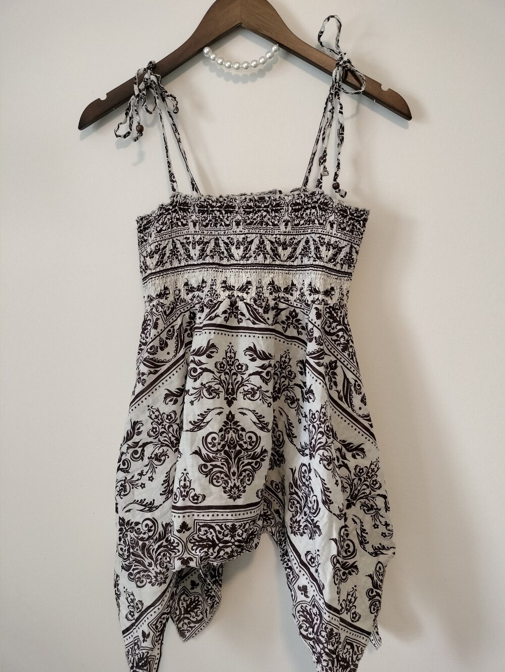 Y2K Lei Cream and Brown Tie-Strap Handkerchief-Hem Camisole